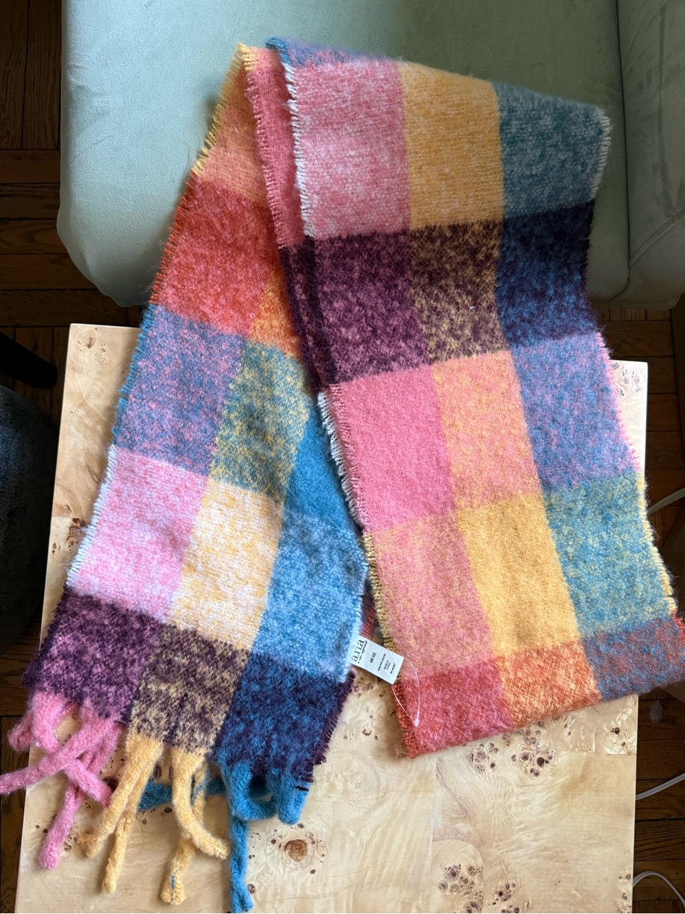Cozy Multicolor Check Mohair-Blend Scarf - Pink, Yellow, Blue